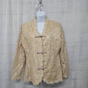 Vintage Nicole Paris Tan Lace Jeweled Crochet Jacket Coquette Romantic L